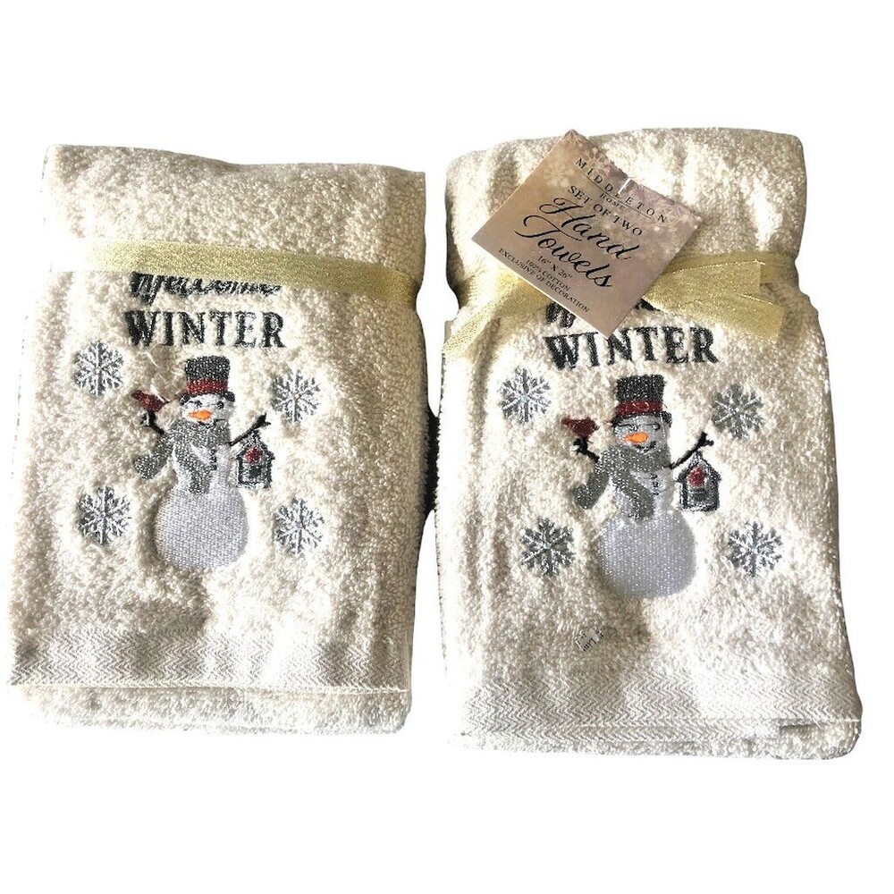 Christmas Welcome Winter Hand Towels Embroidered Snowman Rhinestone Set of 2